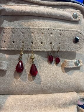 2 pair red glass drop earrings